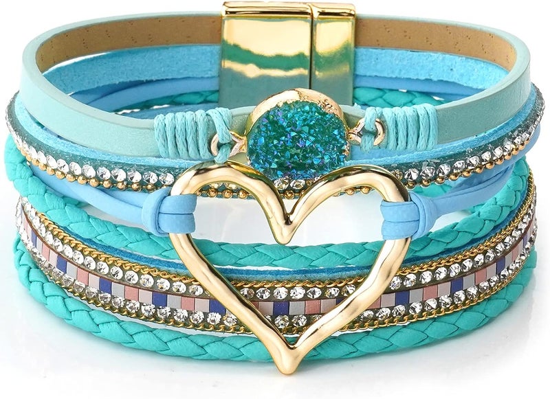 Suyi Multilayer Leather Wrap Bracelet Heart-Shape Wide Cuff Bracelets for Women - Image 1